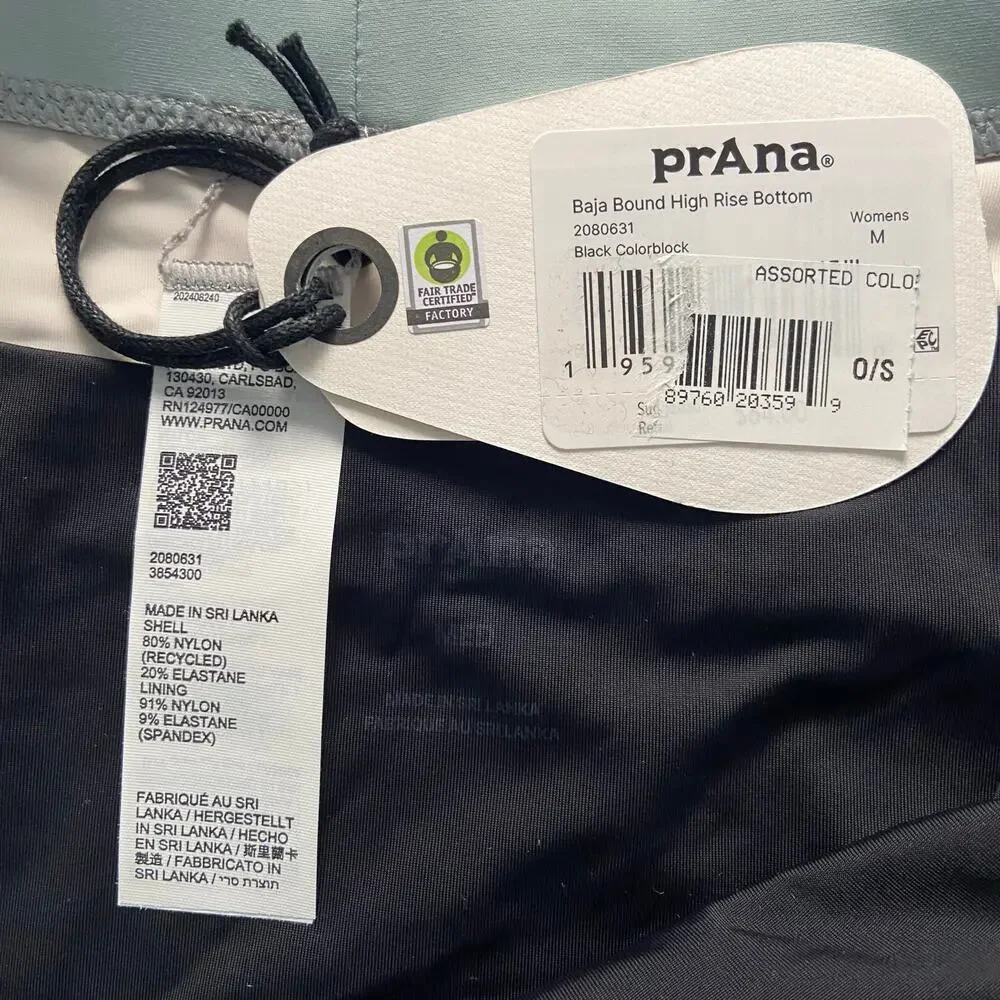 Prana Baja Bound High Rise Swim Bottom Womens M Black Colorblock Quick Dry Brief